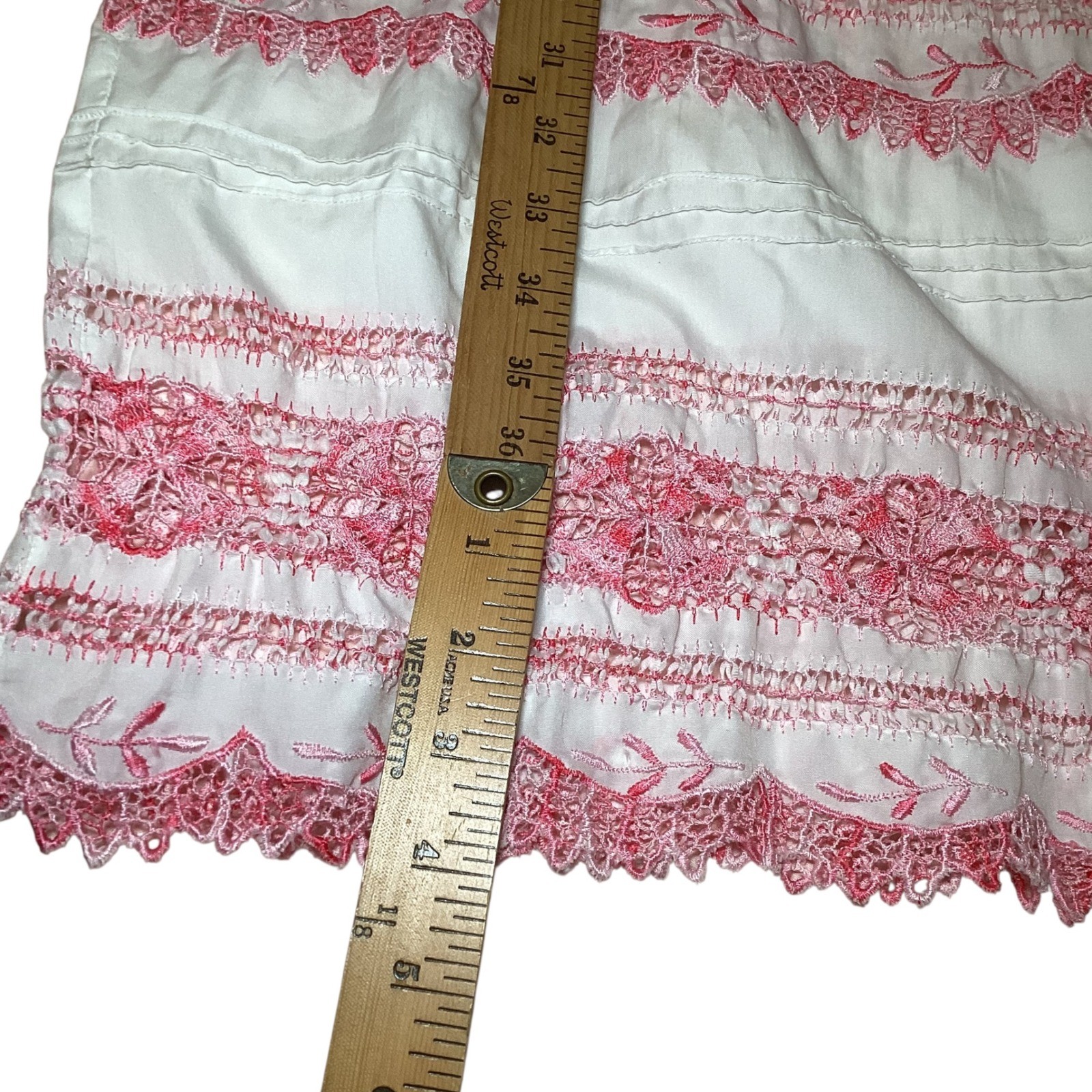 Vintage Mexican Huipil Dress White Pink Lace Floral Embroidery Square Neck 23×40