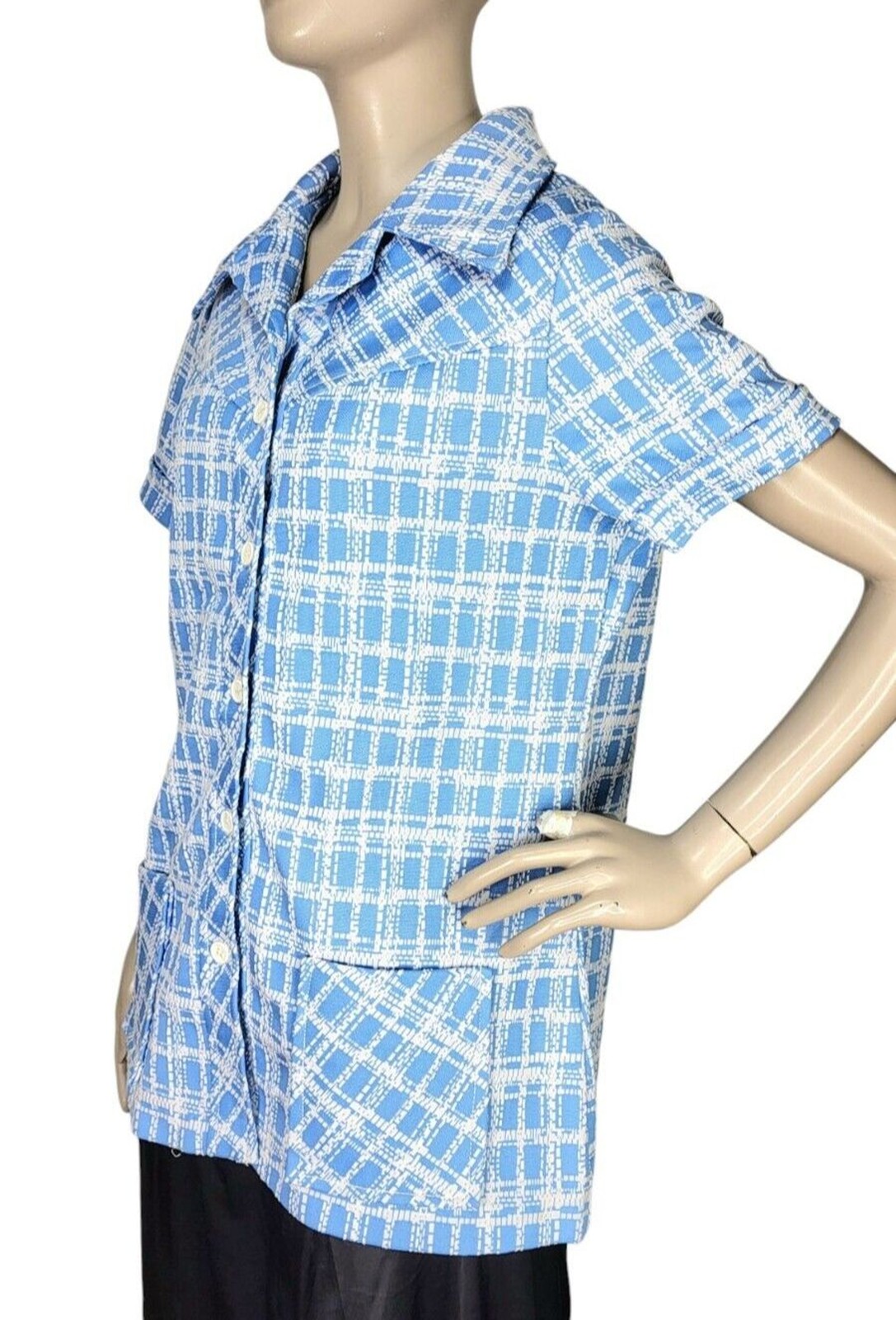 Vintage 60s MOD Blue White Plaid Button-Down Collared Smock Top Women&rsquo;s S/M/L