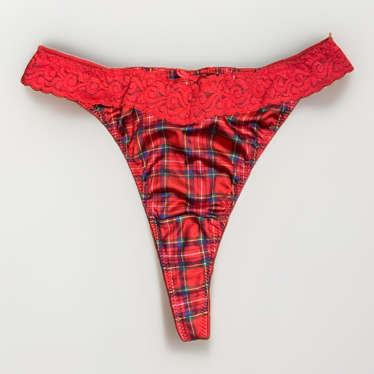 VTG 90s Maidenform Fashion Time Red Plaid Thong Panties Vtg Size 7 Lace 40305