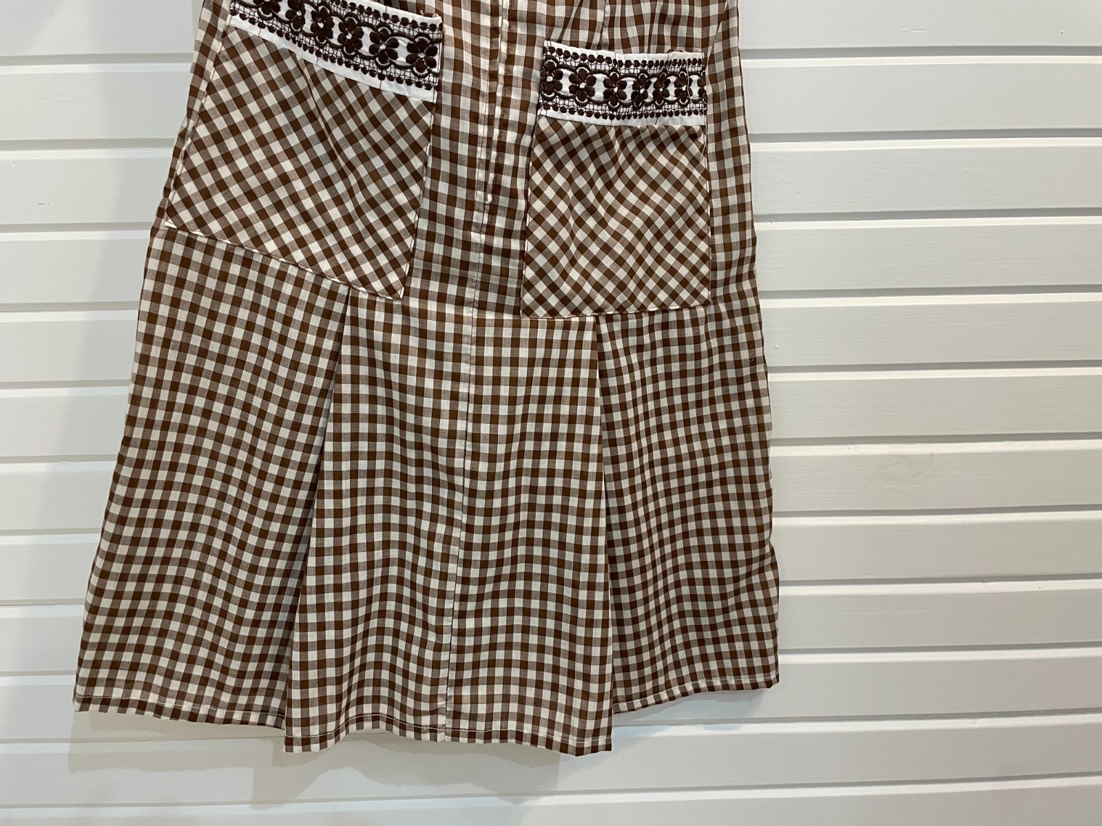 Vintage Brown White Gingham Dress Zip Up Embroidery Rockabilly Granny Core