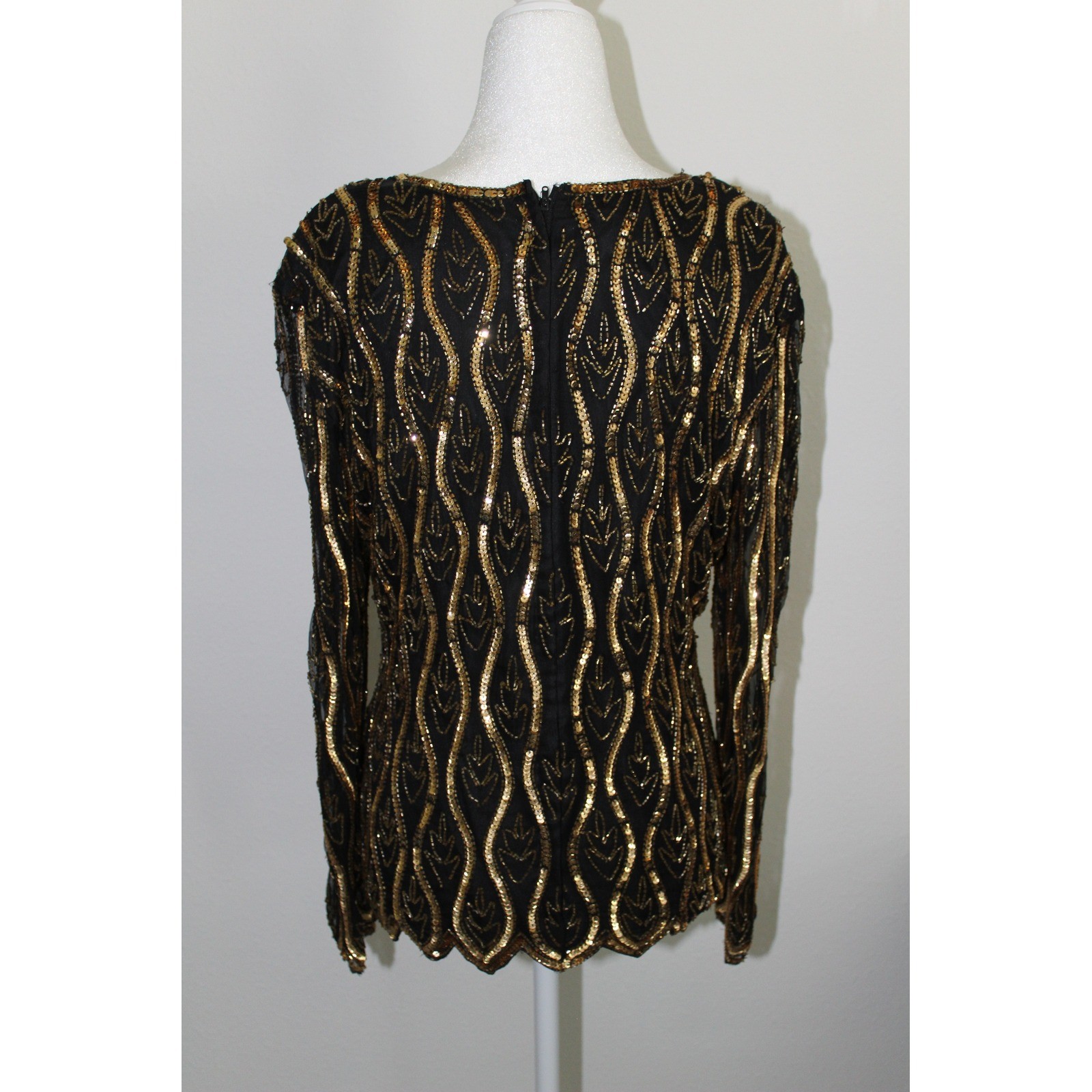 VTG Stenay Petite Gold Sequin Beaded Evening Top Black Art Deco Scalloped PL