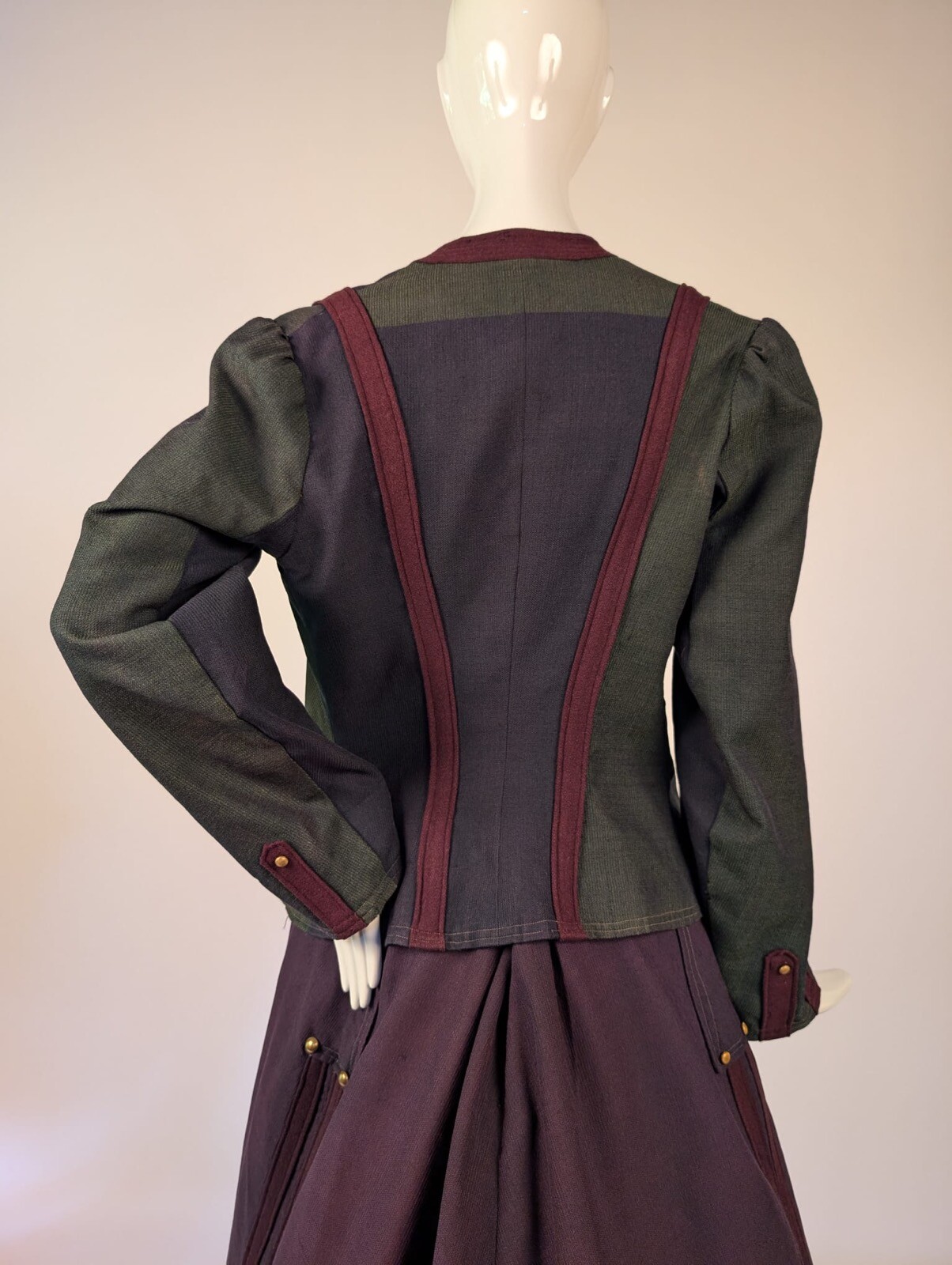 UNUSUAL EDWARDIAN TRI TONE WOOL WALKING SUIT W STUD + BUTTON TRIM