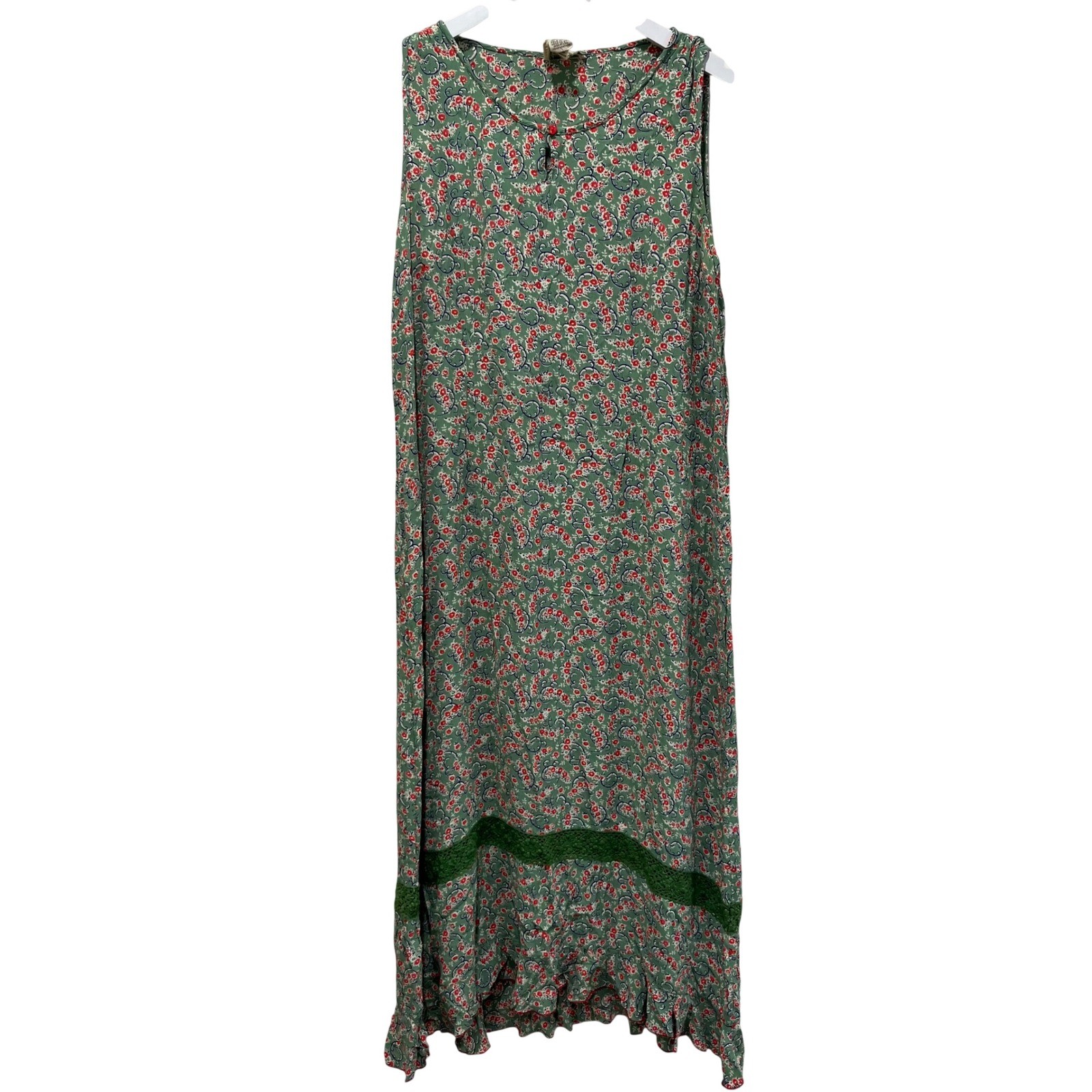 Vtg April Cornell Dress Womens XL Green Floral Rayon Lace Trim Cottage Shabby