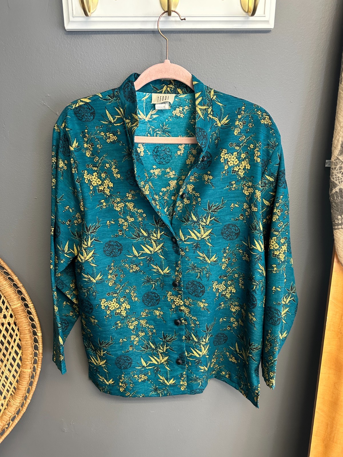 Vintage Teddi Asian Jacket Womens M Teal Statement Chinoiserie Oriental Button