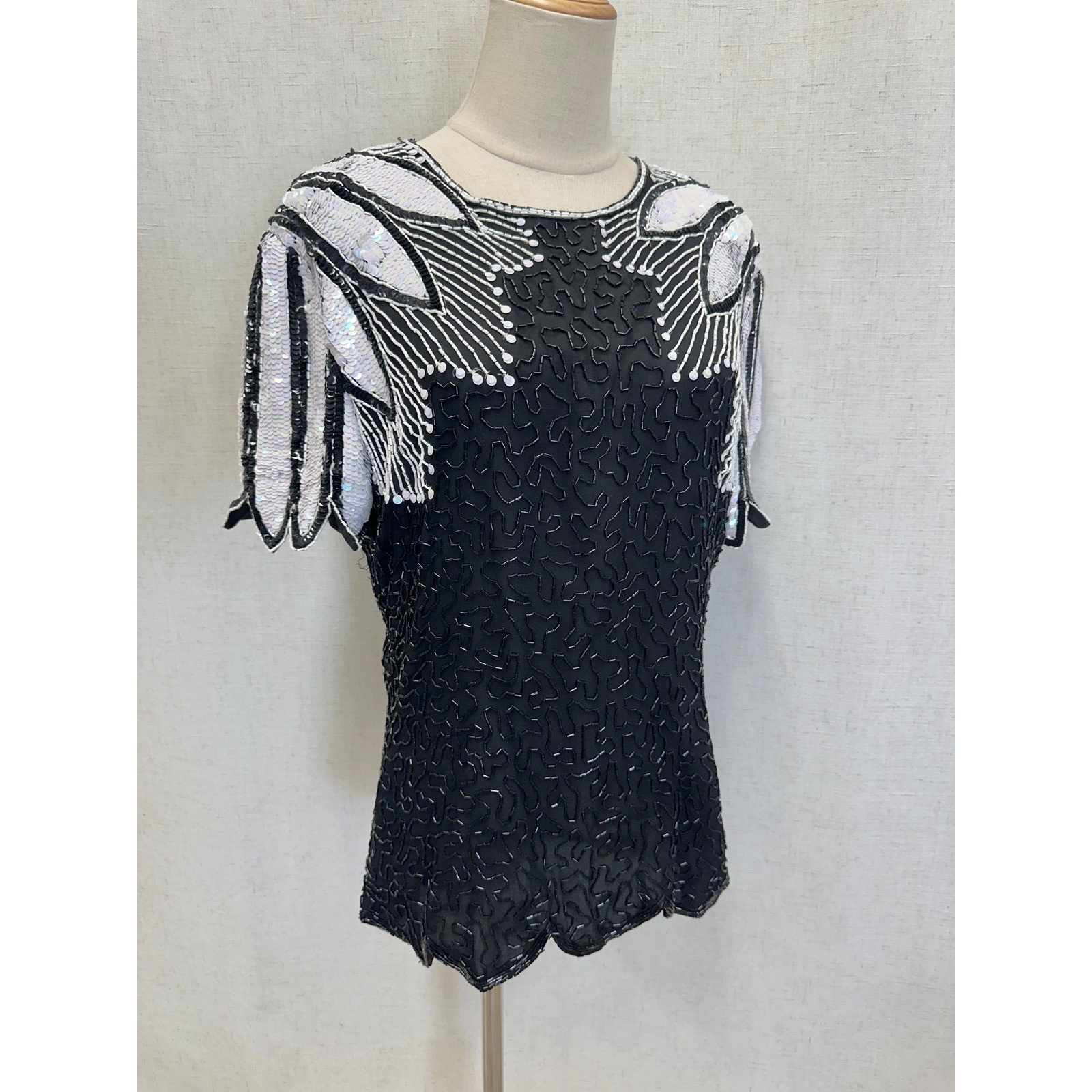 Stenay 100% Silk Beaded Sequin Black White Top Womens 14 Vintage Evening Blouse