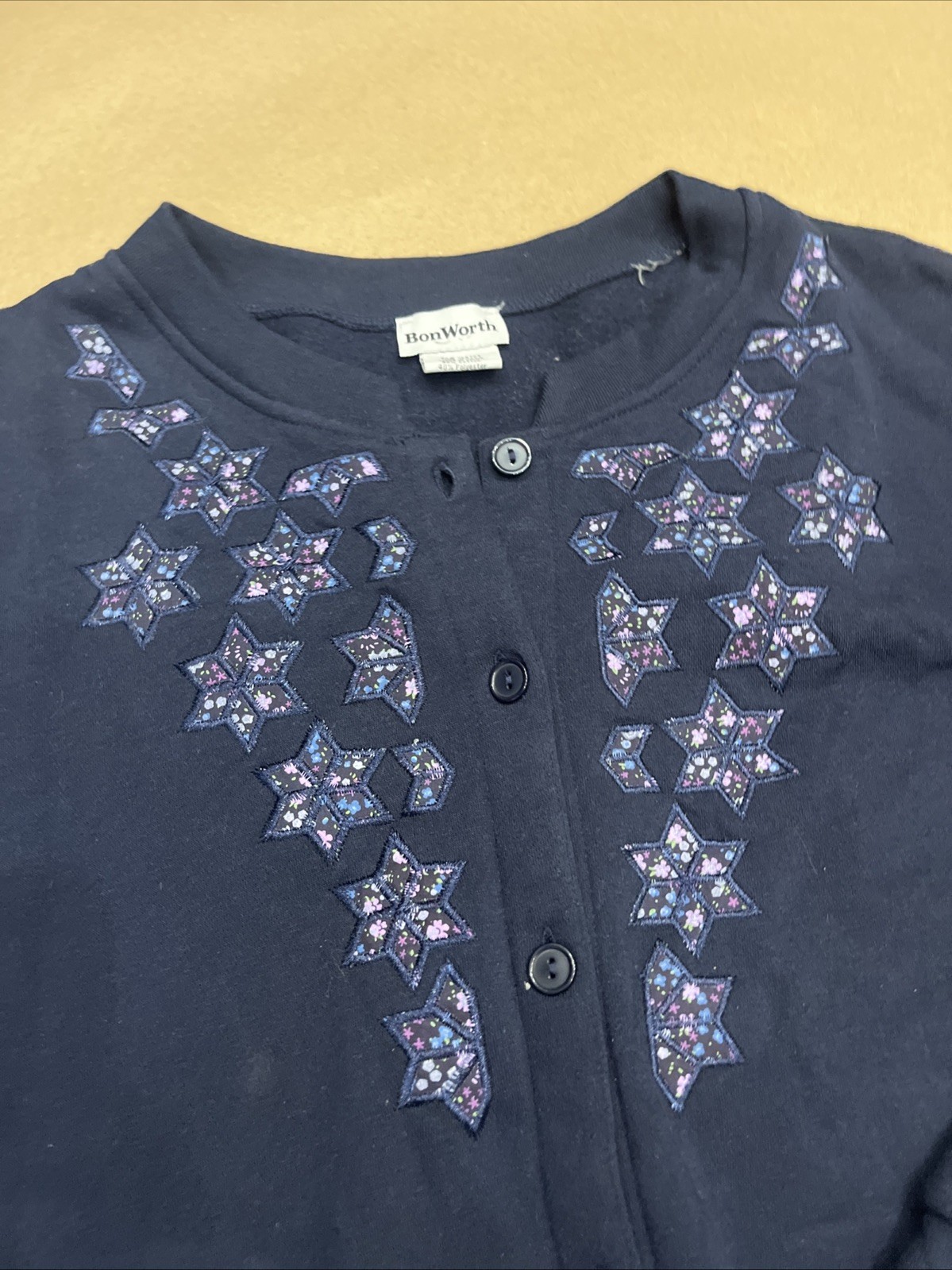 Vintage BonWorth Snowflake Embroidered Cardigan Women Navy Grandma Size Large