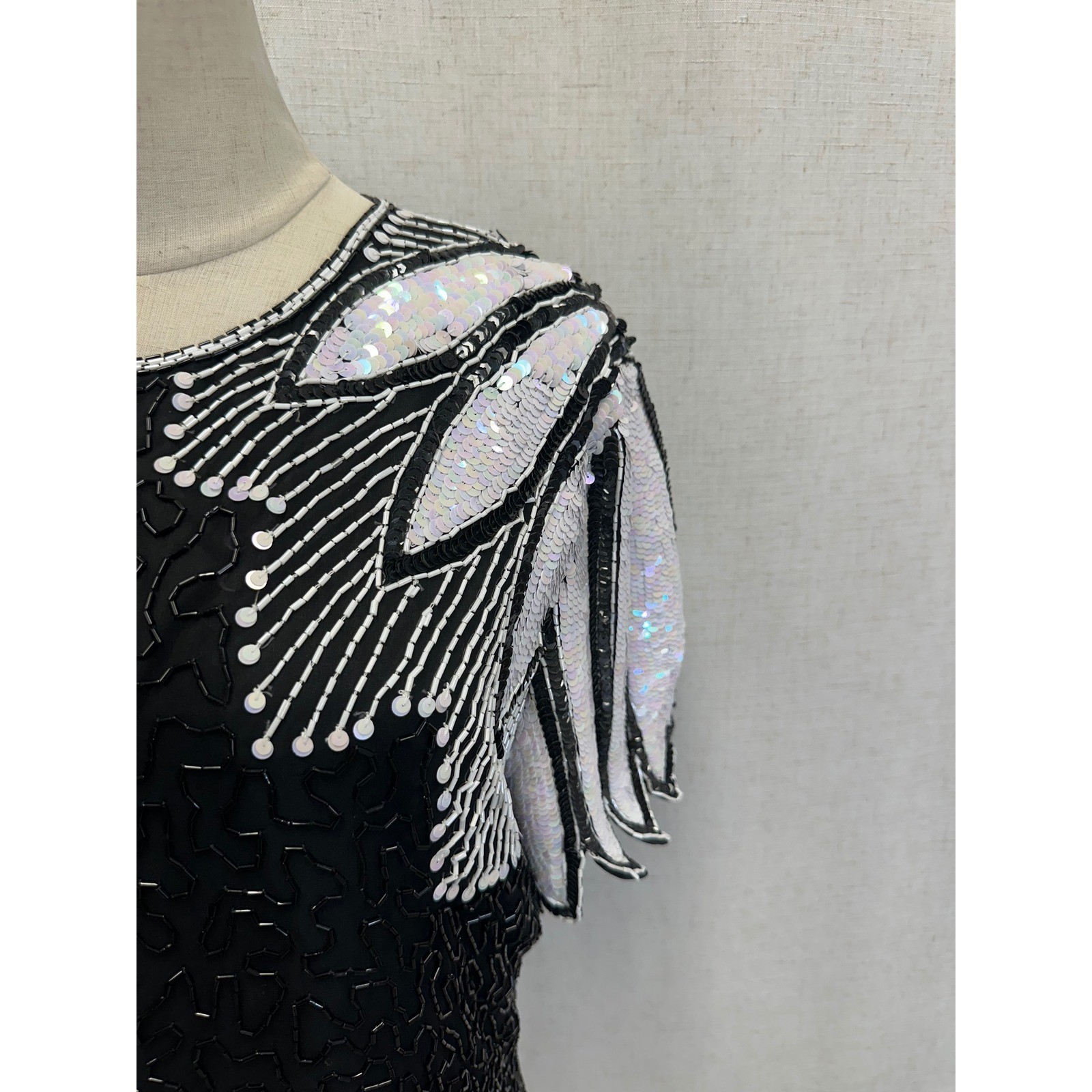 Stenay 100% Silk Beaded Sequin Black White Top Womens 14 Vintage Evening Blouse