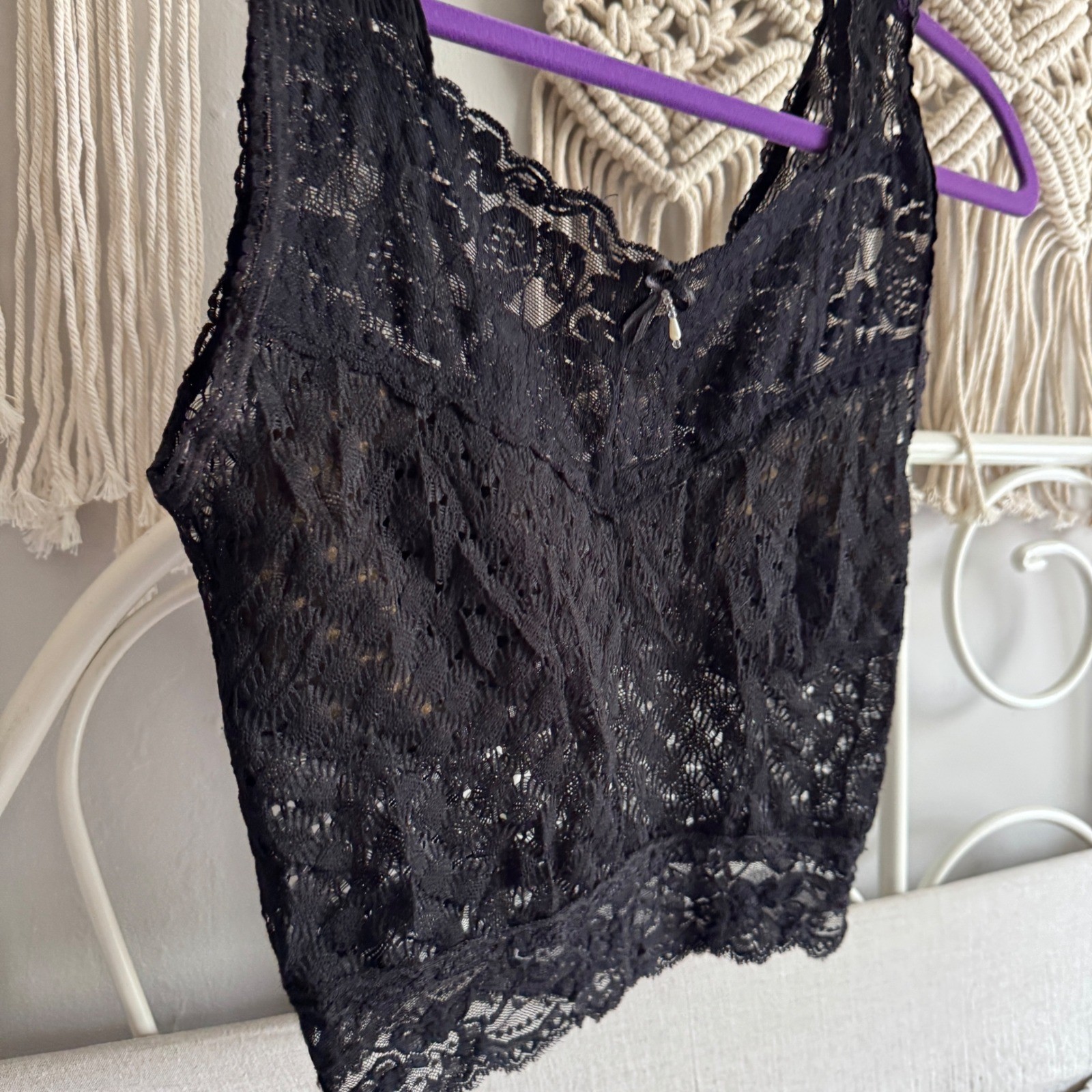 Unbranded Vintage Lace Crop Tank Top S Black Floral Sheer Goth Coquette Bow