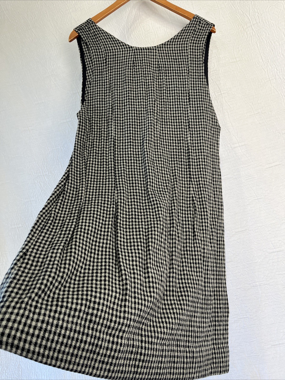 Vintage Wool Gingham Plaid Jumper Dress Pinafore Black Grey Homemade Pullover M