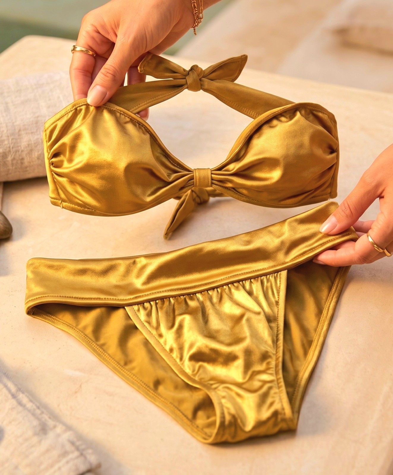 Vtg NORMA KAMALI 1980s 80s GOLD LAME&rsquo; Bikini Swim BATHING SUIT XS 32&Prime; bust