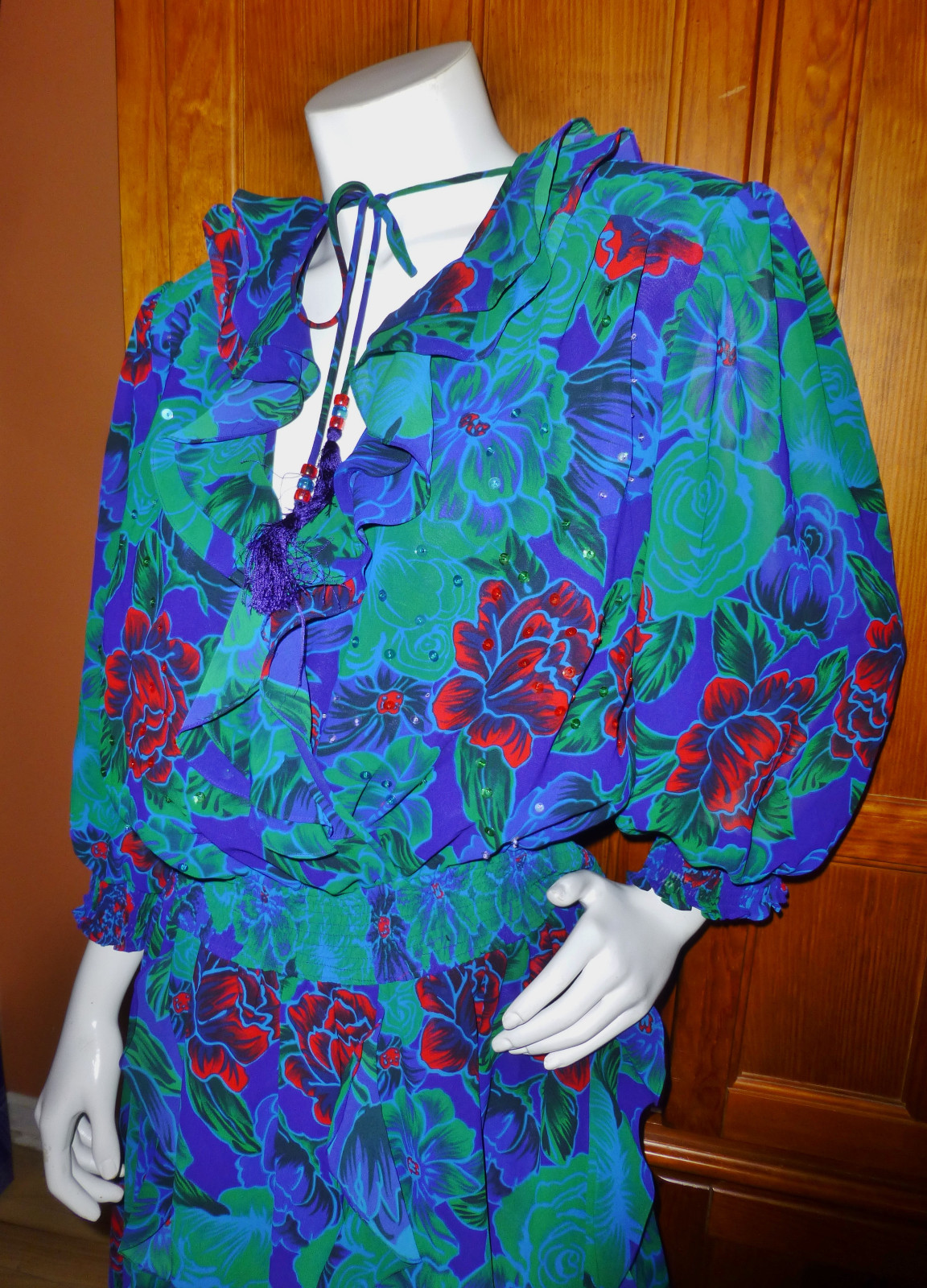 Vtg 80s Floral Georgette Freis Style Sequins Ruffles Boho Hippie GIPSY DRESS XL