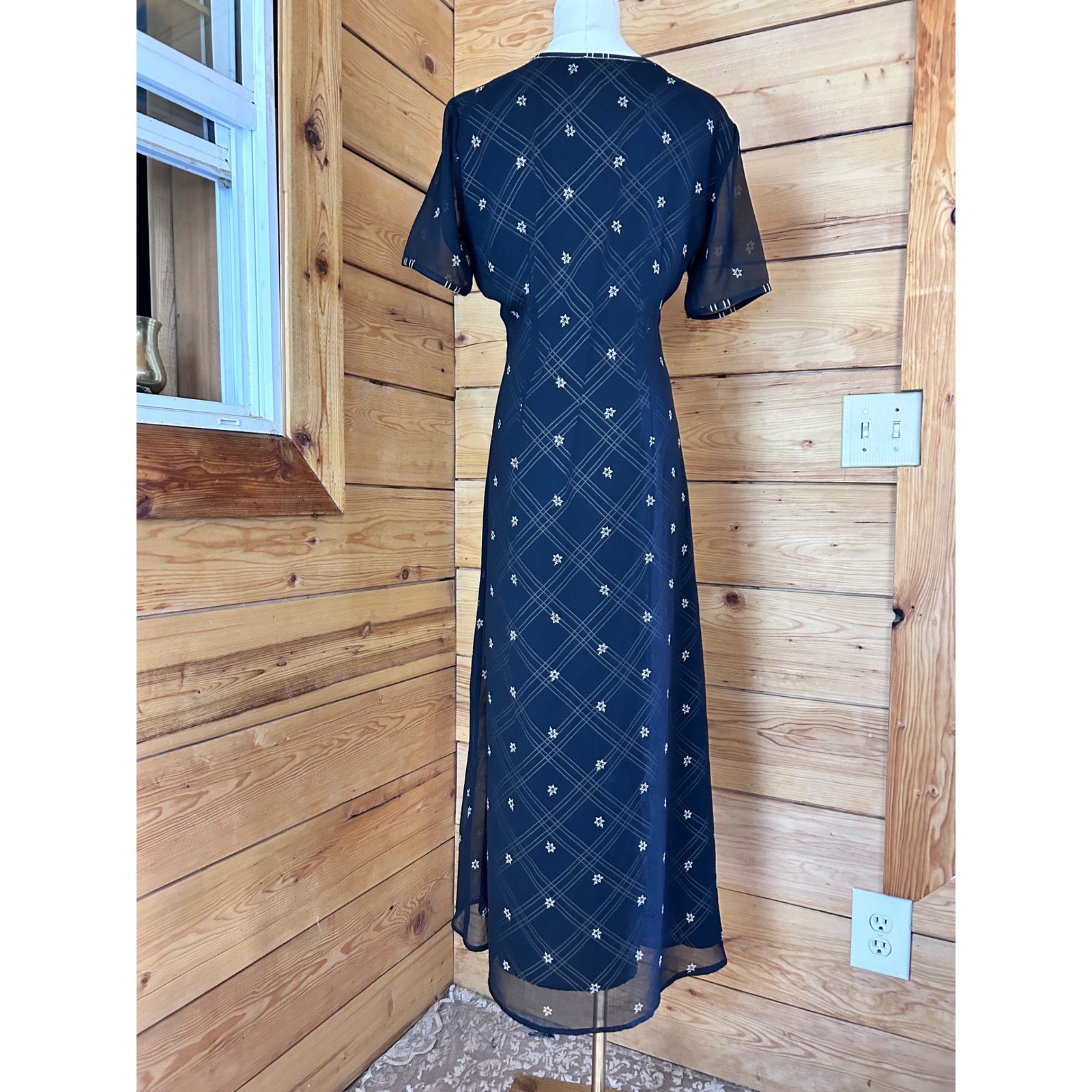 Vintage Maxi Dress Womens Medium Black Plaid Mesh Duster East West Clothing Co