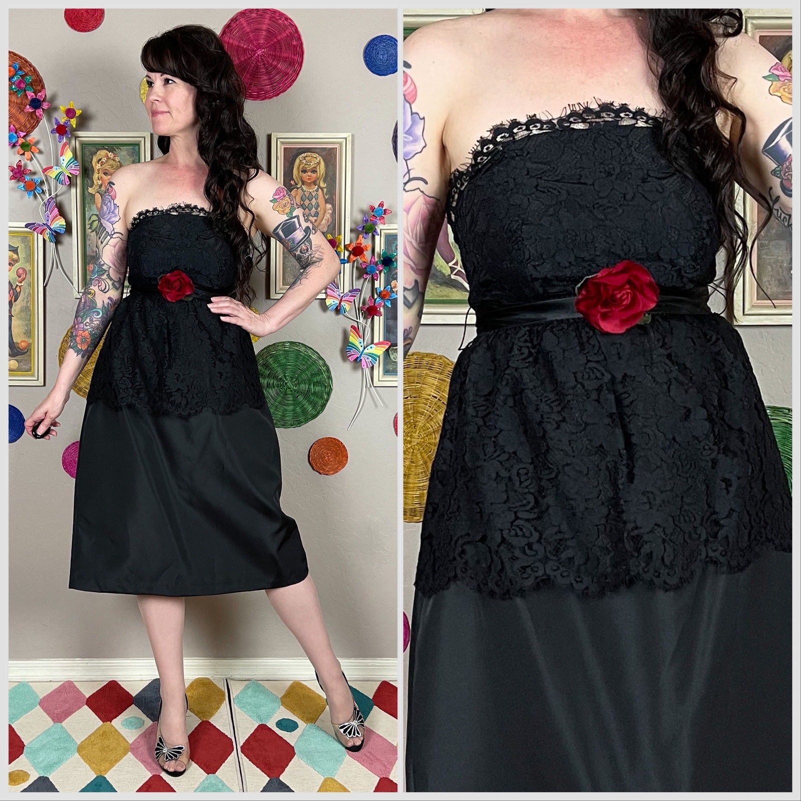 Vintage 1970s/80s Black Lace and Satin Strapless Dress | 26&Prime; Waist