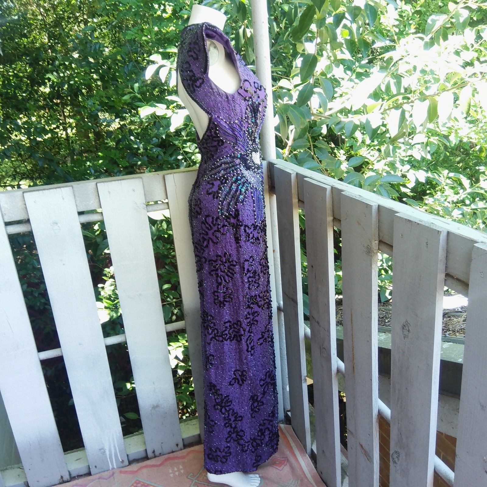 Vintage 80s Sequin Beaded Silk Purple Evening Dress Gown