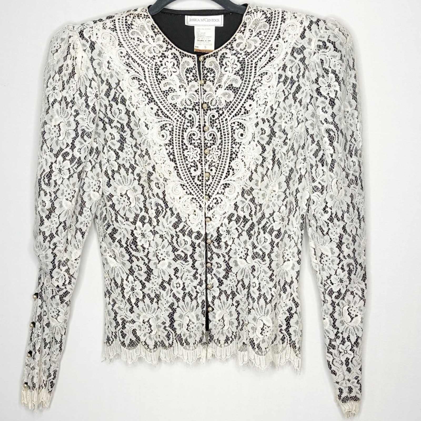 Jessica McClintock Vintage Lace Pearl Button Blouse White Black Size 6 USA Made