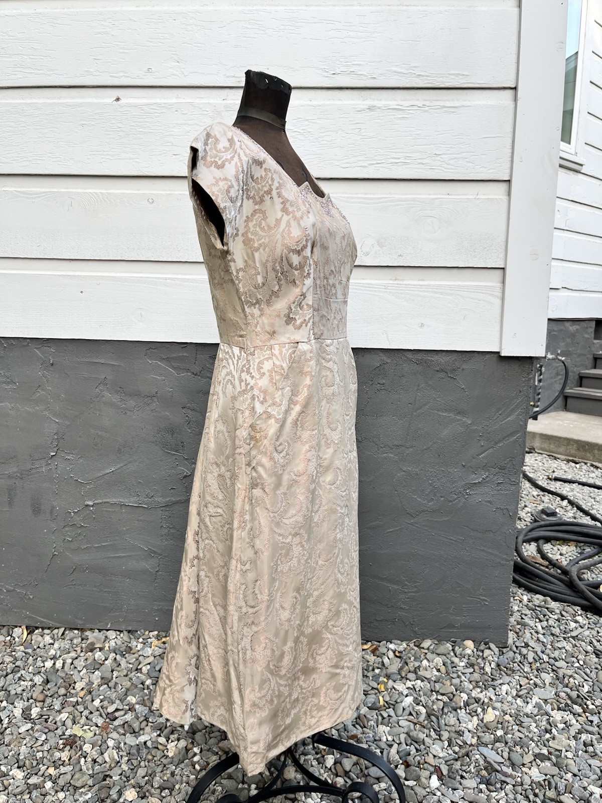 VTG 1950s Brocade Jacquard Rhinestone Cocktail Dress Hollywood Glam 31” Waist