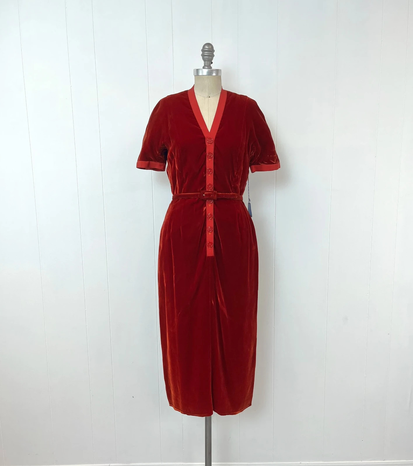 Vintage NOS 1940s 50s Red Velvet Wiggle Pencil Holiday Party Button Up Dress