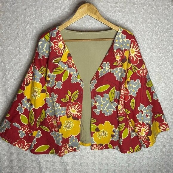 Handmade Floral Open Front Boxy Jacket Red Yellow Green Wide Sleeve Boho Top