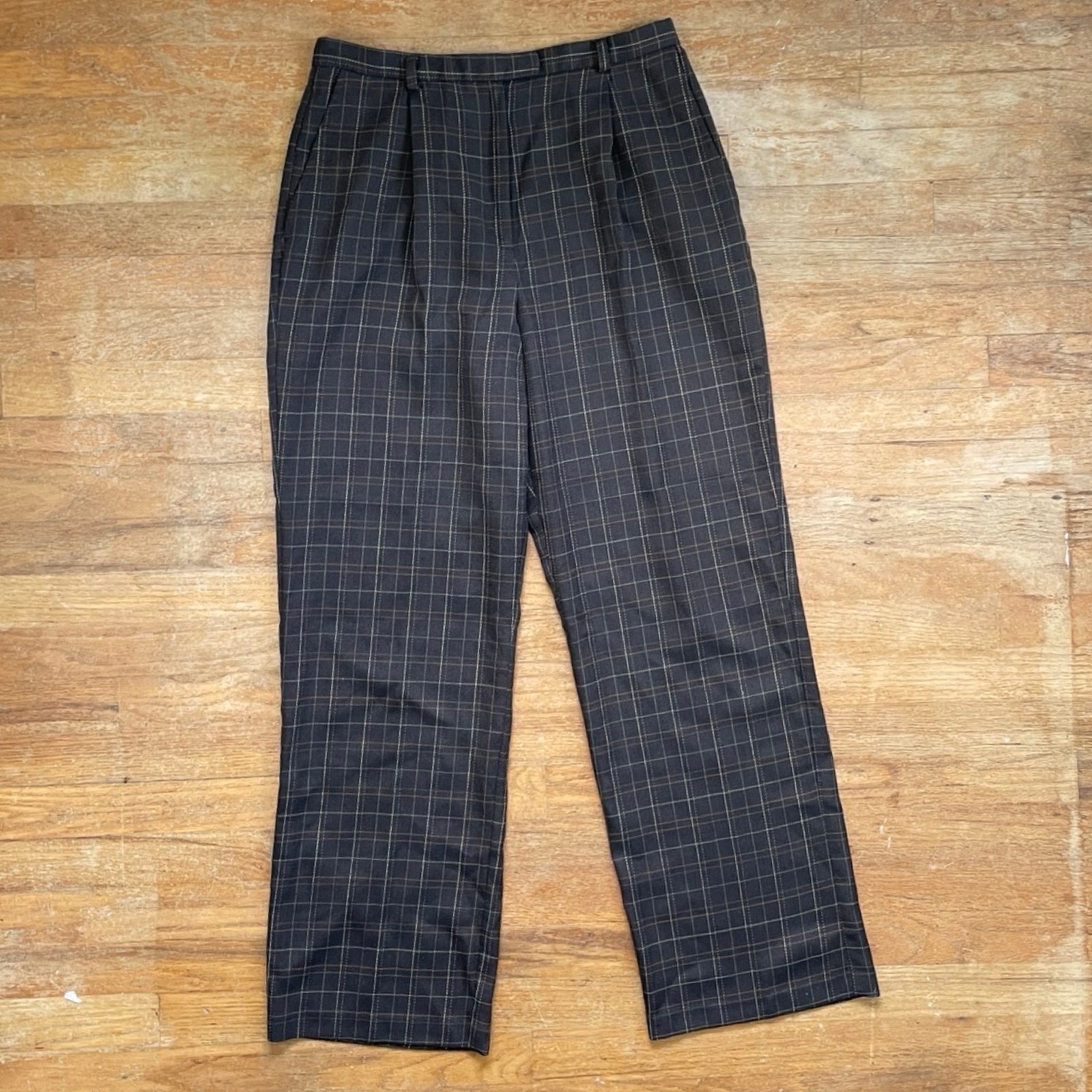 Vintage Plaid Woven Pants Size Large 32&Prime; Waist 90s Brown High Waist Trousers
