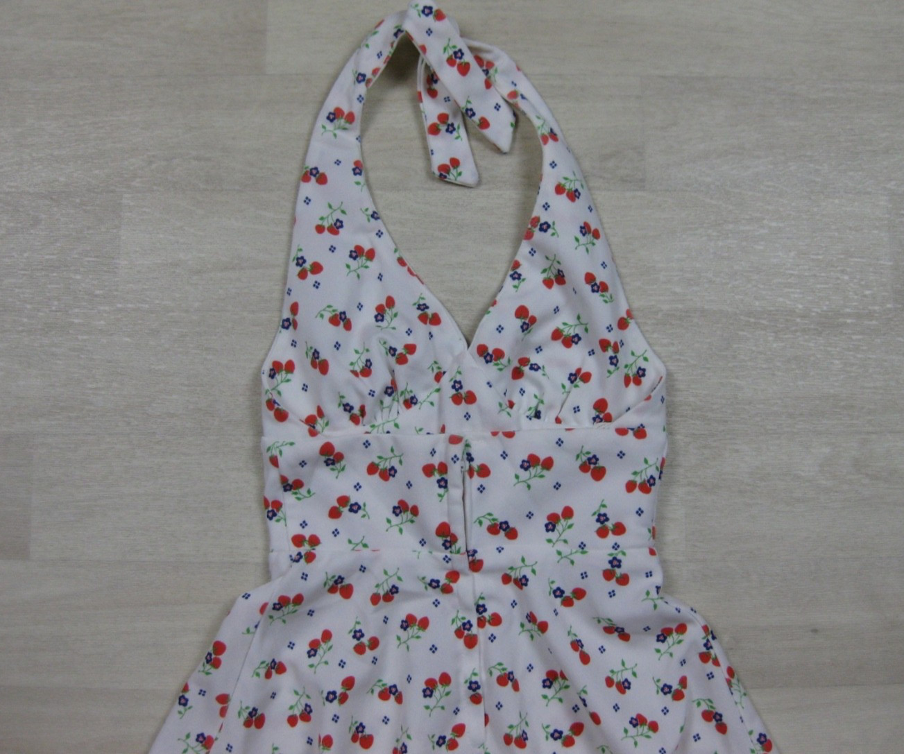 Vintage 70s Halter Micro Mini Swing Dress (XS) Open Back Strawberry Print Pinup