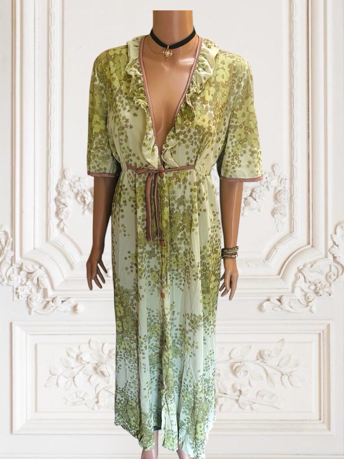 Vintage Dress 1970s Floral Robe Rayon Nylon Button Up Maxi Boho Cottagecore M