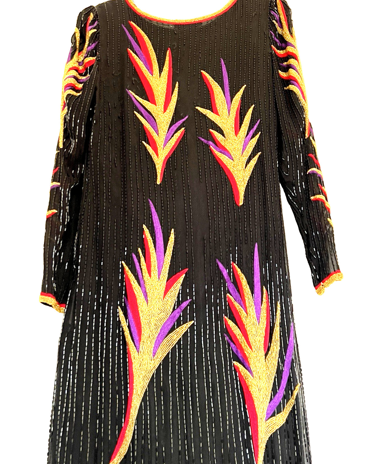 70&rsquo;s beaded & embroidered silk gown- Bob Mackie style Abstract Flame Pattern