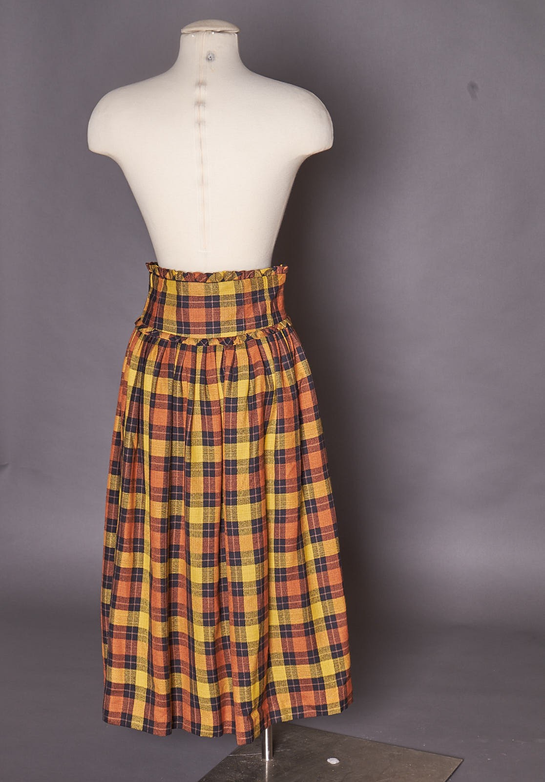 1980s Ruffle Waist Plaid Golden Button Up Skirt Long Retro
