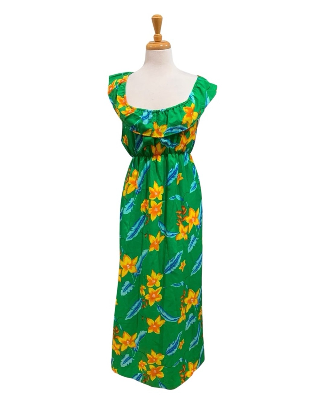 Vntg 70’s Women&rsquo;s POMARE KIDS Green Yellow Hawaiian Floral Maxi Dress sz S