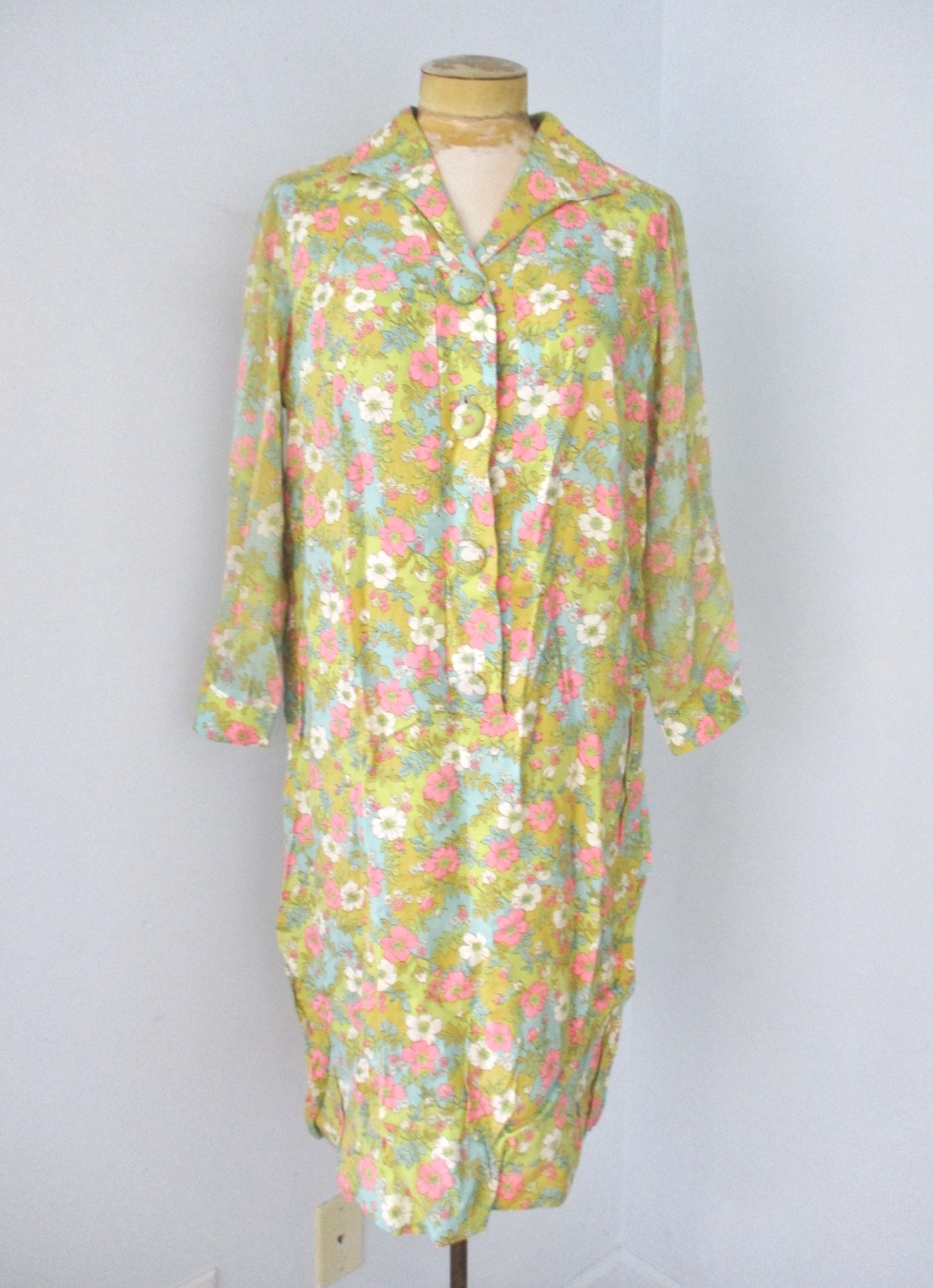 Vtg 60s lime green pink flower power shirt dress sheer chiffon sleeves L/XL