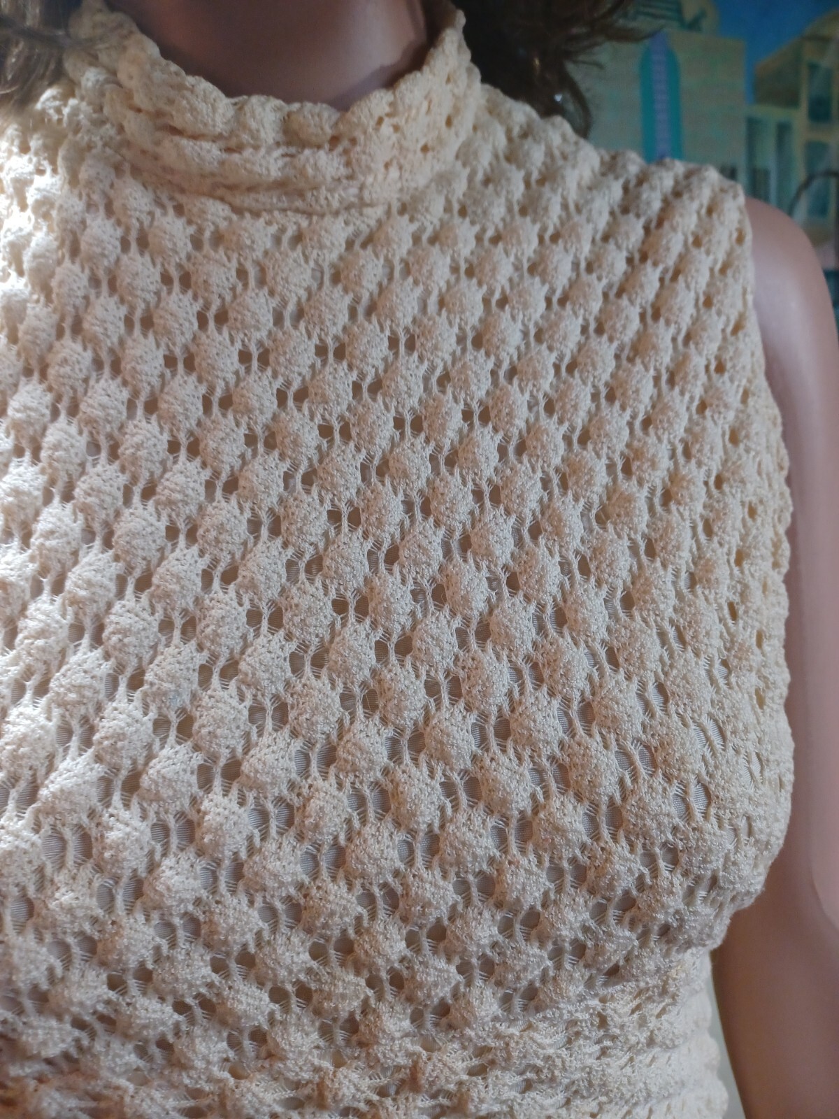 VTG Mid-century 1960s / 1970s Mod Crochet Sleeveless Mini Dress Groovy Ivory S