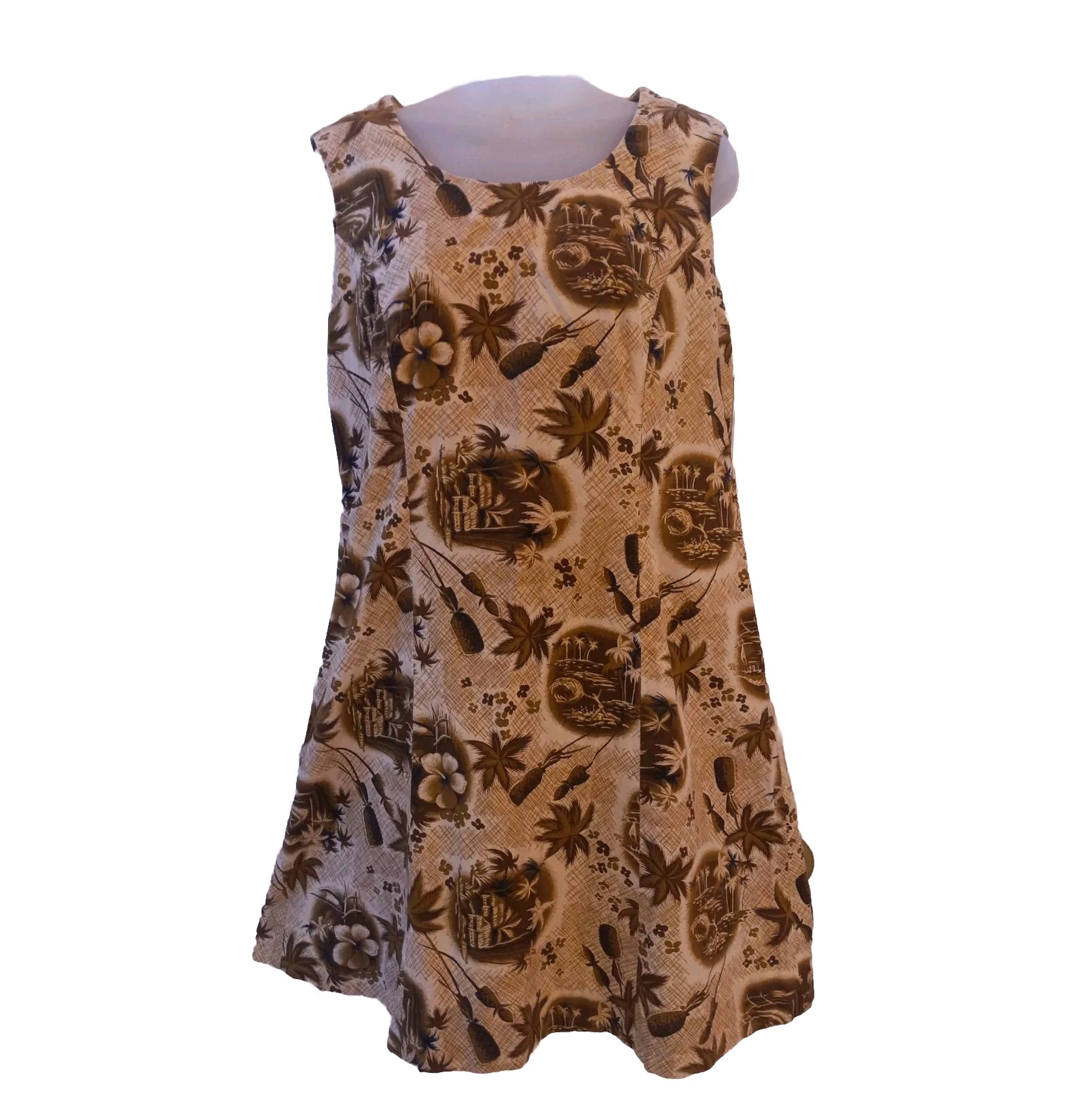 Vintage Hawaiian Tropical Islands Tiki Oasis Brown Muumuu Midi Dress M