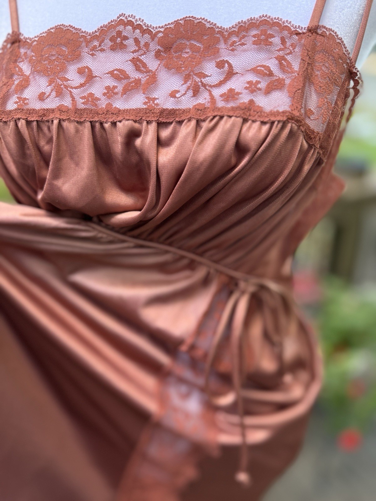 Vtg New Nightgown Long Goddess Pinehurst 70s Inset Lace UNIQUE Copper Brown M 36