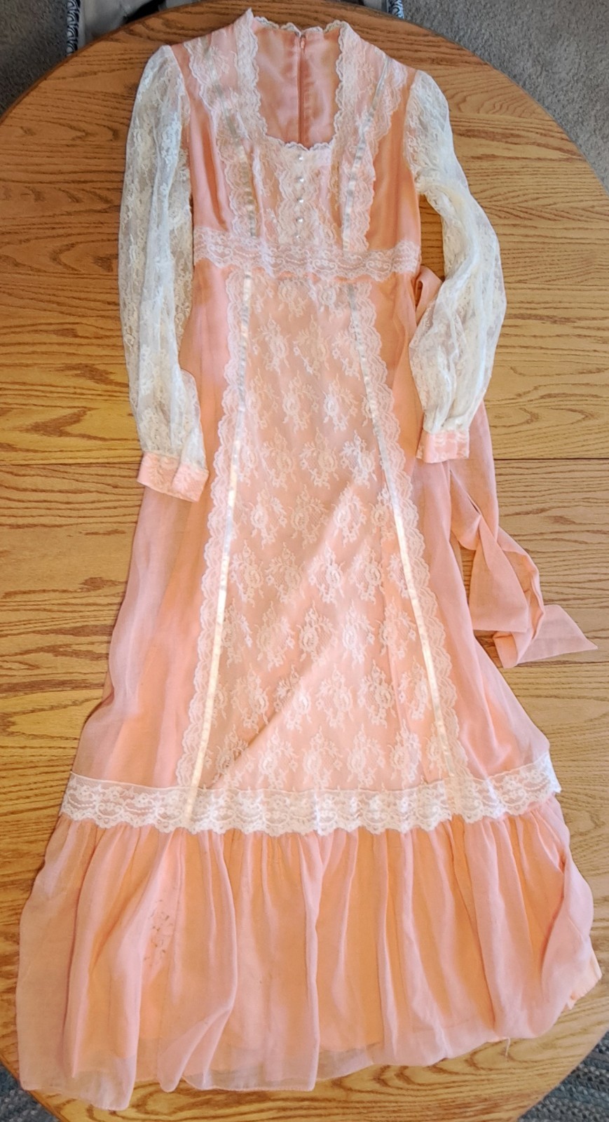 Vtg 70s Peach Chiffon Lace Prairie Granny Victorian Prom Maxi Gown Sz 7/8 Flaws