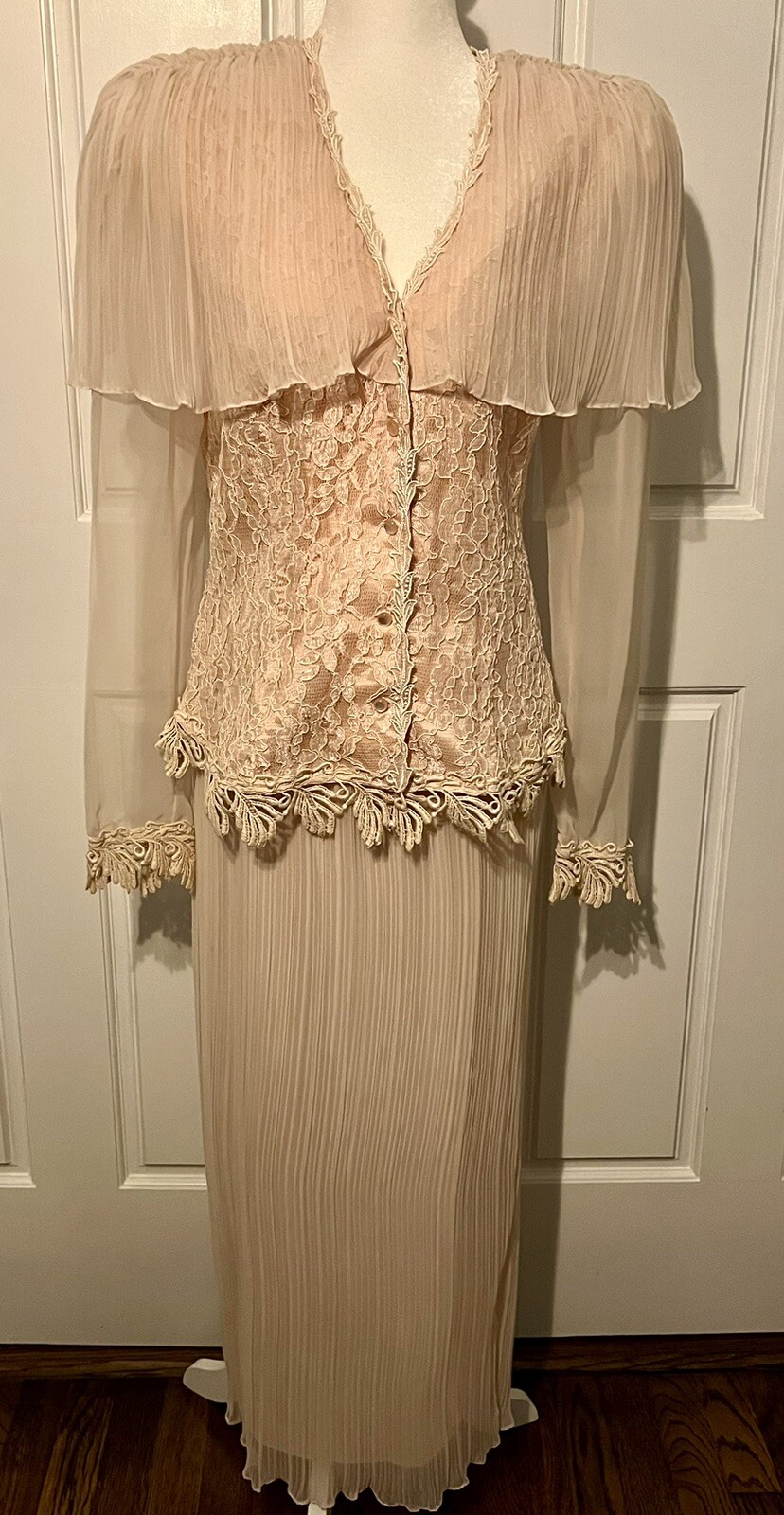 Vintage Lorrie Kabala Peach Light Pink Pleated Chiffon Lace Jacket Skirt 2 PC 12