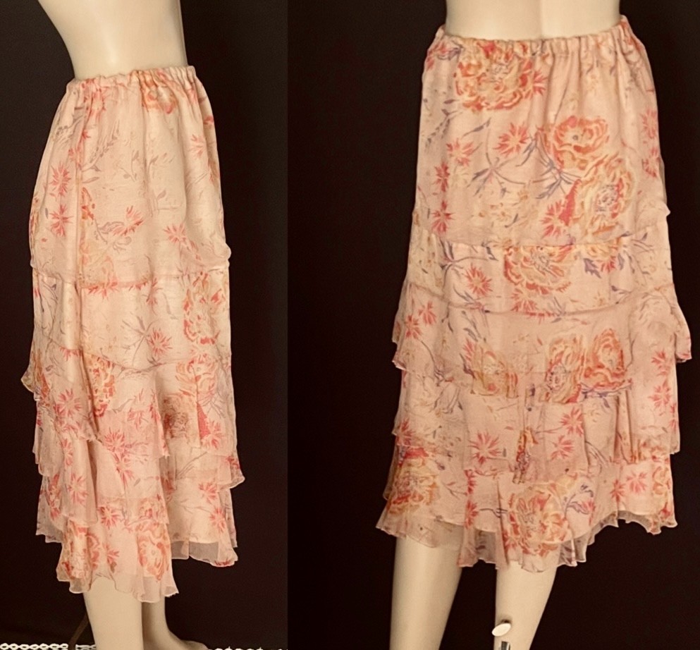 Charming 1920s Tiered Silk Tiered Skirt, Pastels, Peach, Ribbon Work Flowers S-M