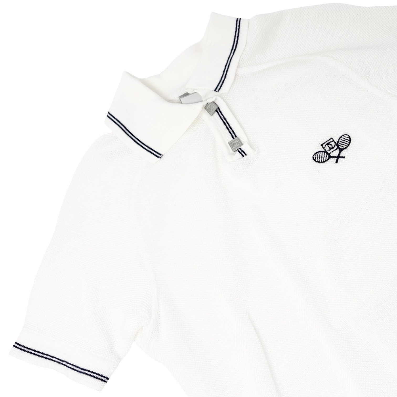 CHANEL Sport Vintage 05P CC Tennis Racket Polo T-shirt Top #42 White Cotton