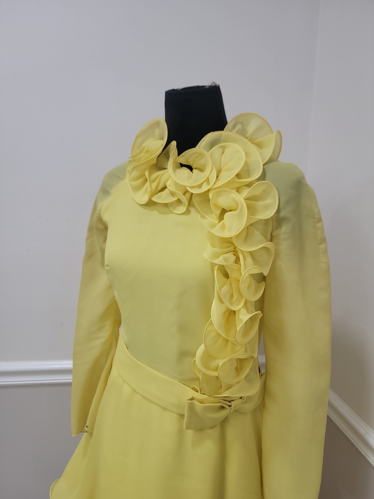 VTG 60&rsquo;s&rsquo;70s Pouponne Anvers Belgium Yellow Chiffon Ruffle Mini Dress Mod