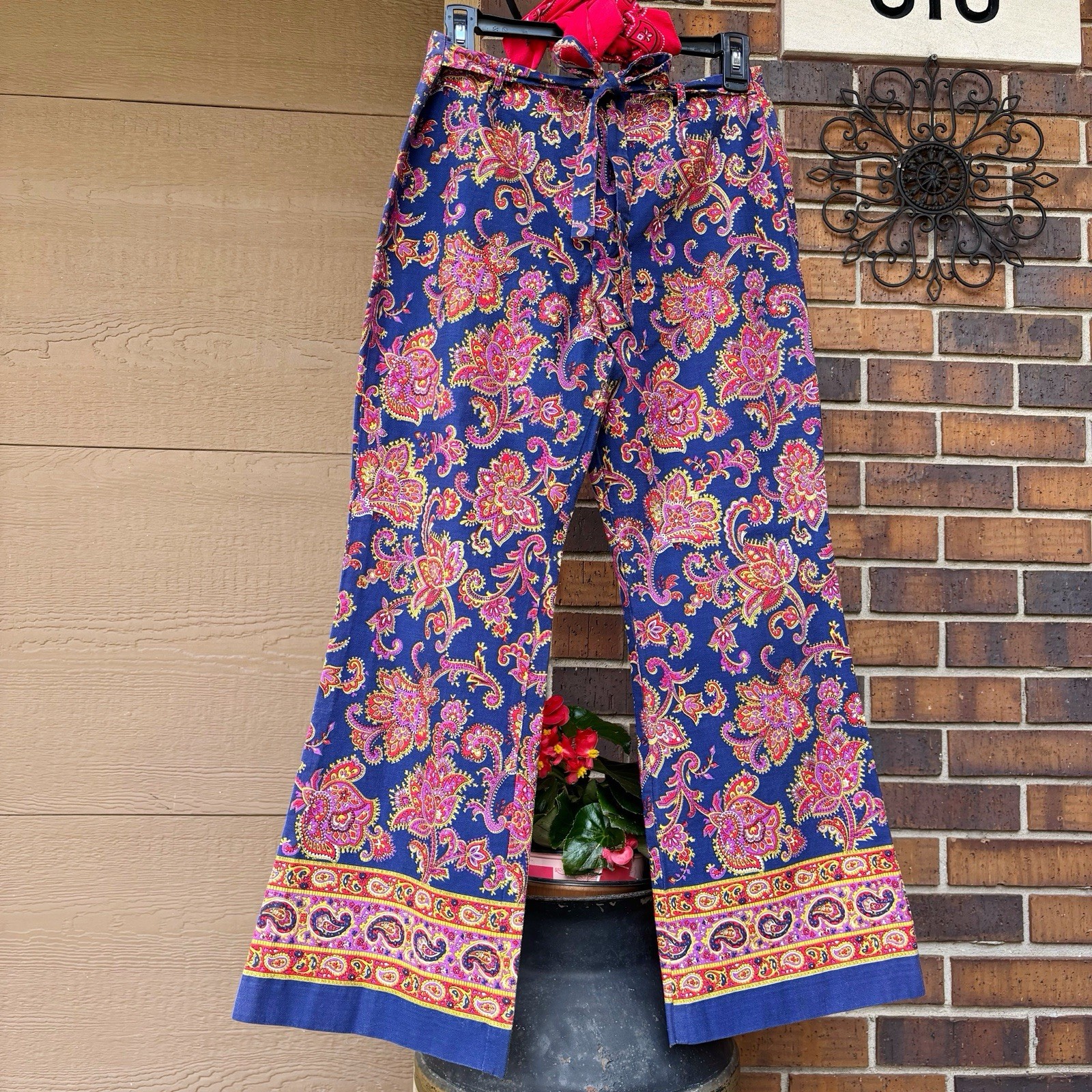 Vintage true 60s 70s Russ Paisley Tie Waist Flare Pants Size: 28”
