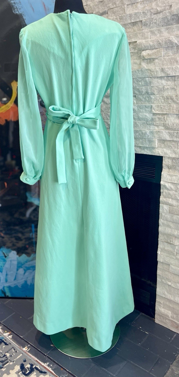 Vintage Green 1970s Hostess Dress Sheer Sleeve Belted Tie Maxi Special Occasion