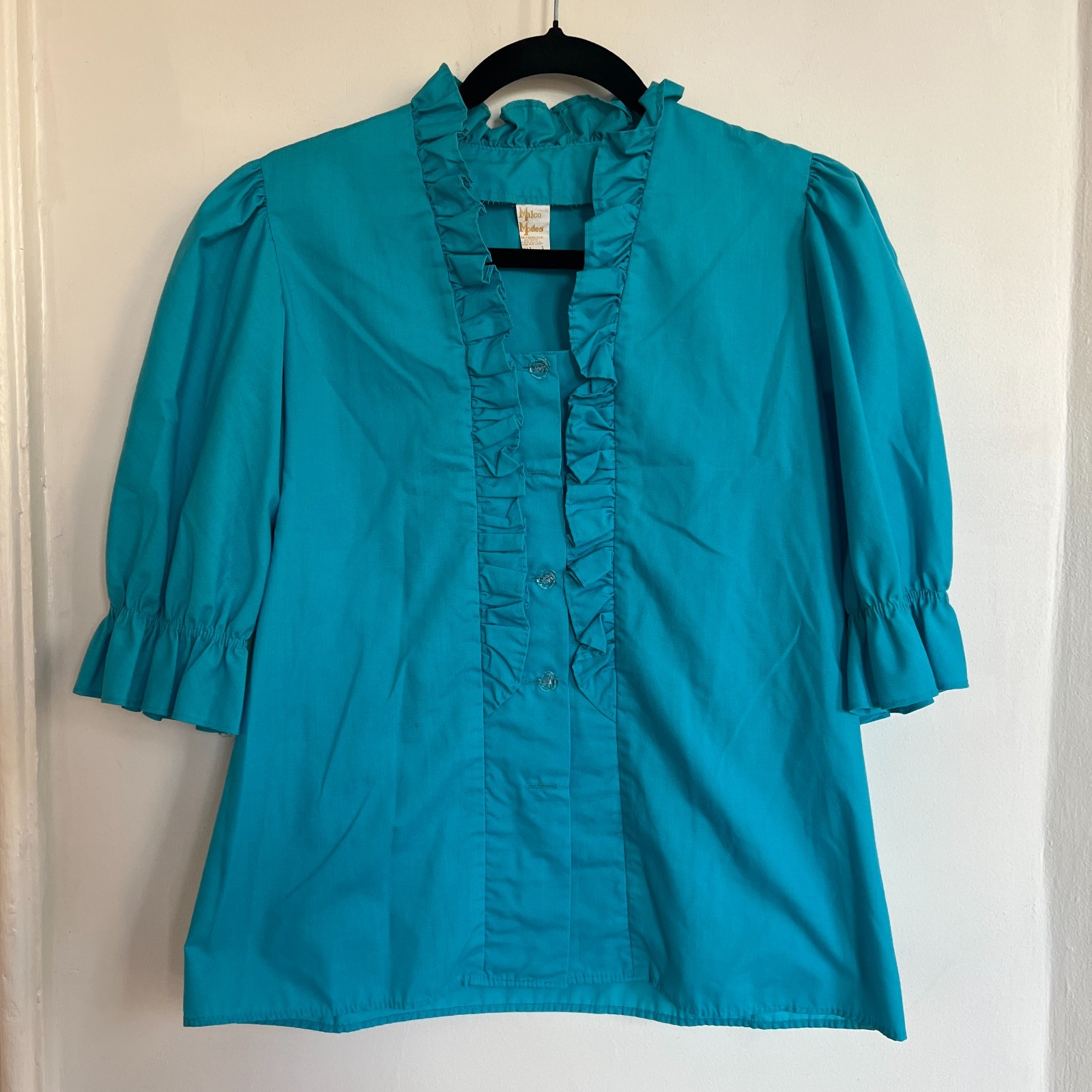 Vintage Malco Modes Turquoise Ruffle Prairie Blouse Size S Cottagecore USA