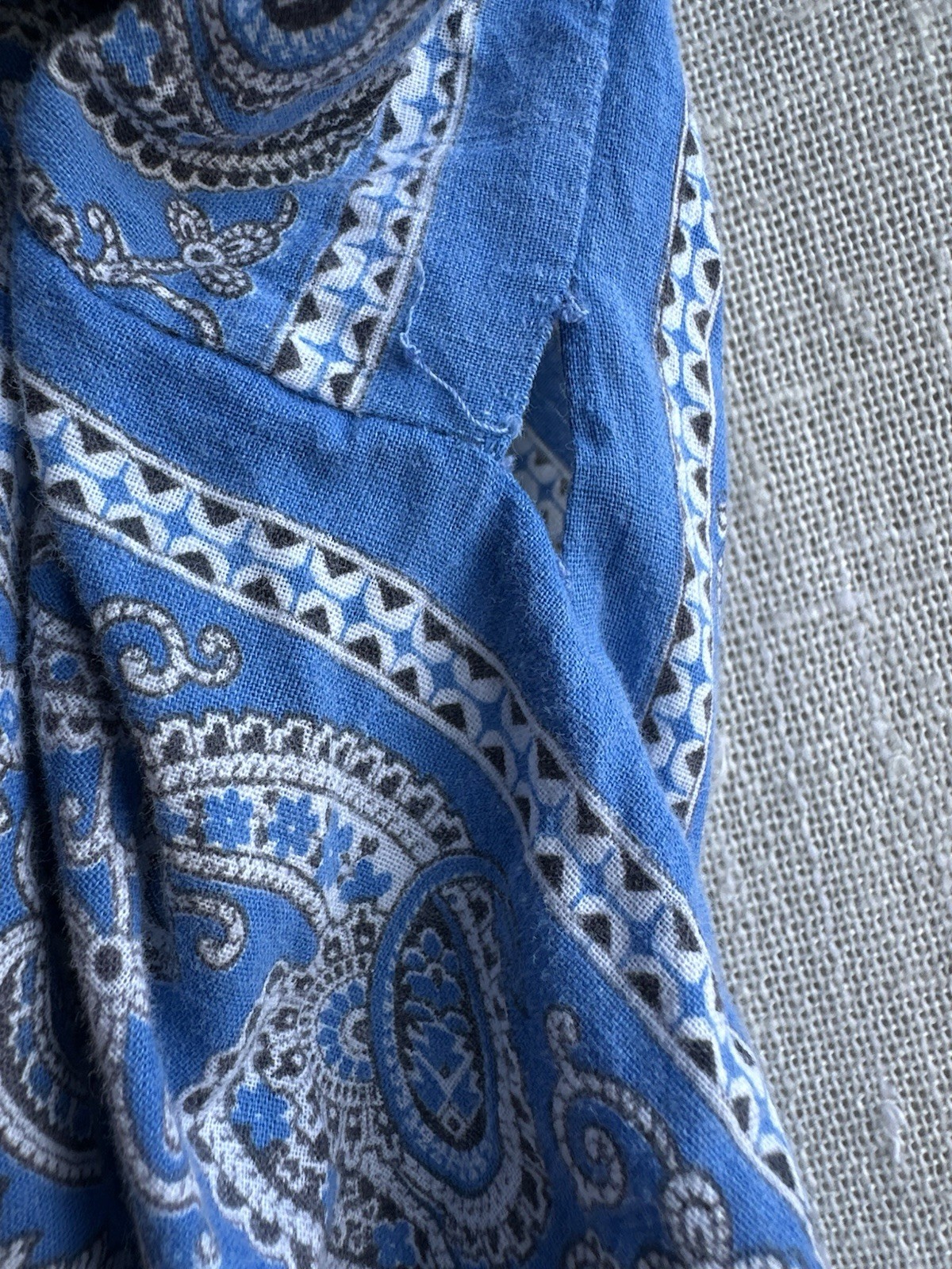 Vintage 70s Flowy Blue Paisley Bandana Boho Cotton Kaftan Maxi Dress One Size