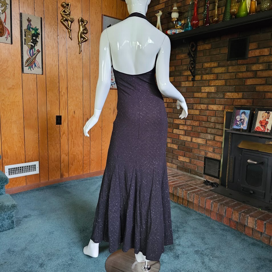 Vtg 80s Silver Glitter Goth Mermaid Backless Halter Dress Evening Prom Gown S