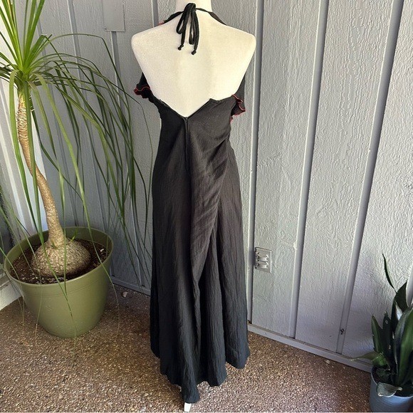 Vintage Young Edwardian Arpeja Black Dress Halter Straps Maxi Rose Gypsy Boho