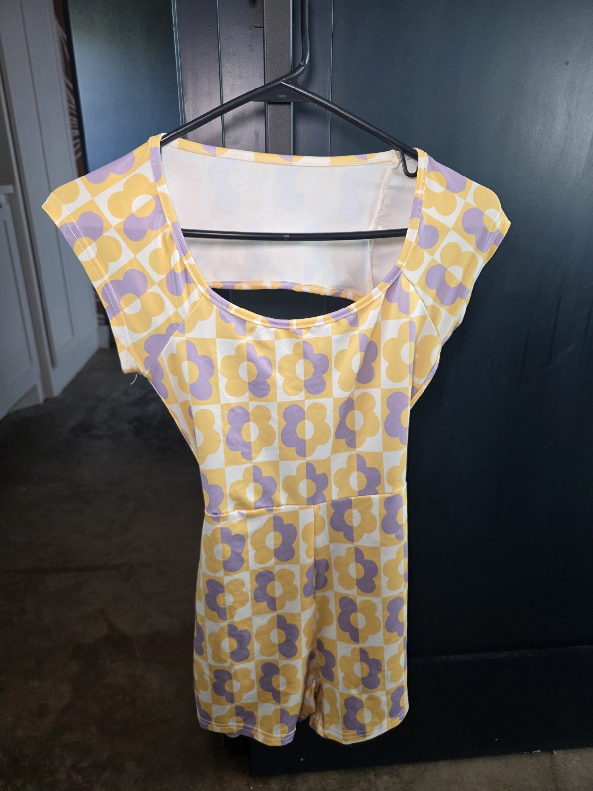 Vintage Mod Floral Mini Dress Yellow Purple White Cutout Back Retro
