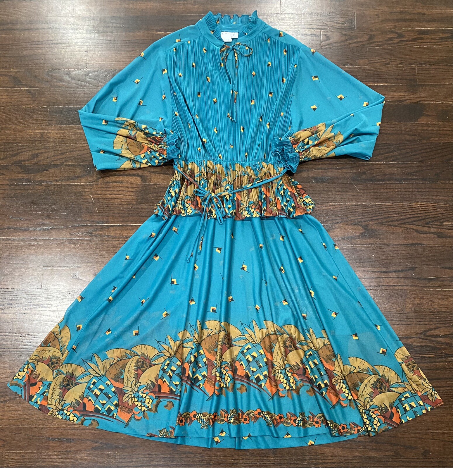 Liz Roberts Long Balloon Sleeve Dress w/ Belt 16 Smocked Bodice Tie Neck Retro