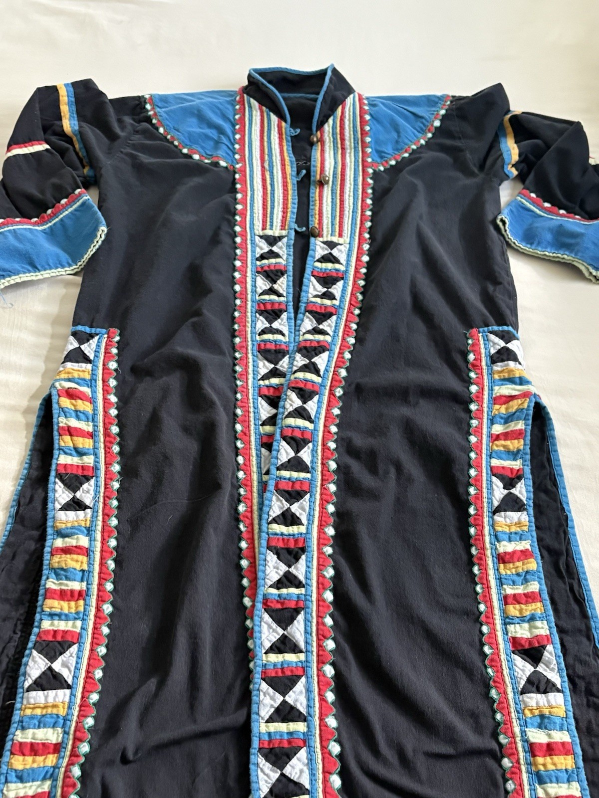 Vtg Thai Hill Tribe Jacket Geometric Patchwork Duster Coat Folk Art Kaftan Boho