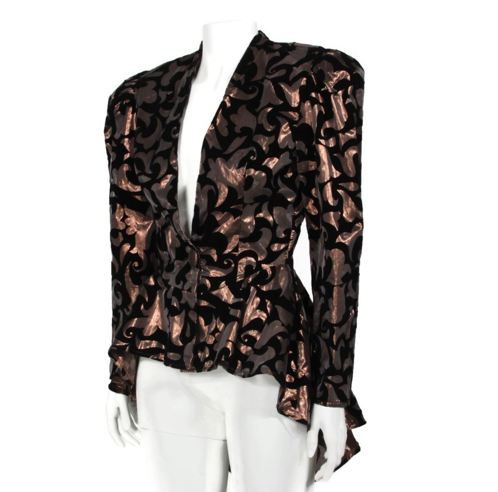 Vtg 80s L.A. Glo Black Velvet Metallic Copper Puff Sleeve Peplum Jacket 9/10 960