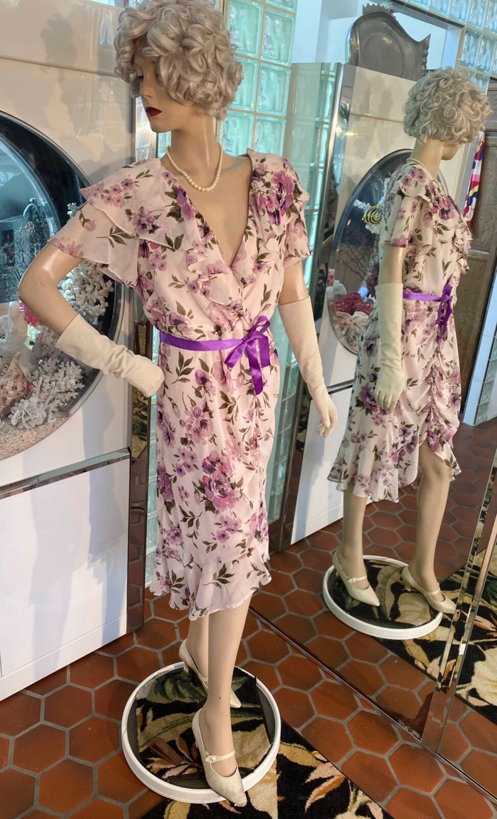 VTG Multicolor Floral Flapper Gatsby ribbon belt Dress 14P R & M Richard