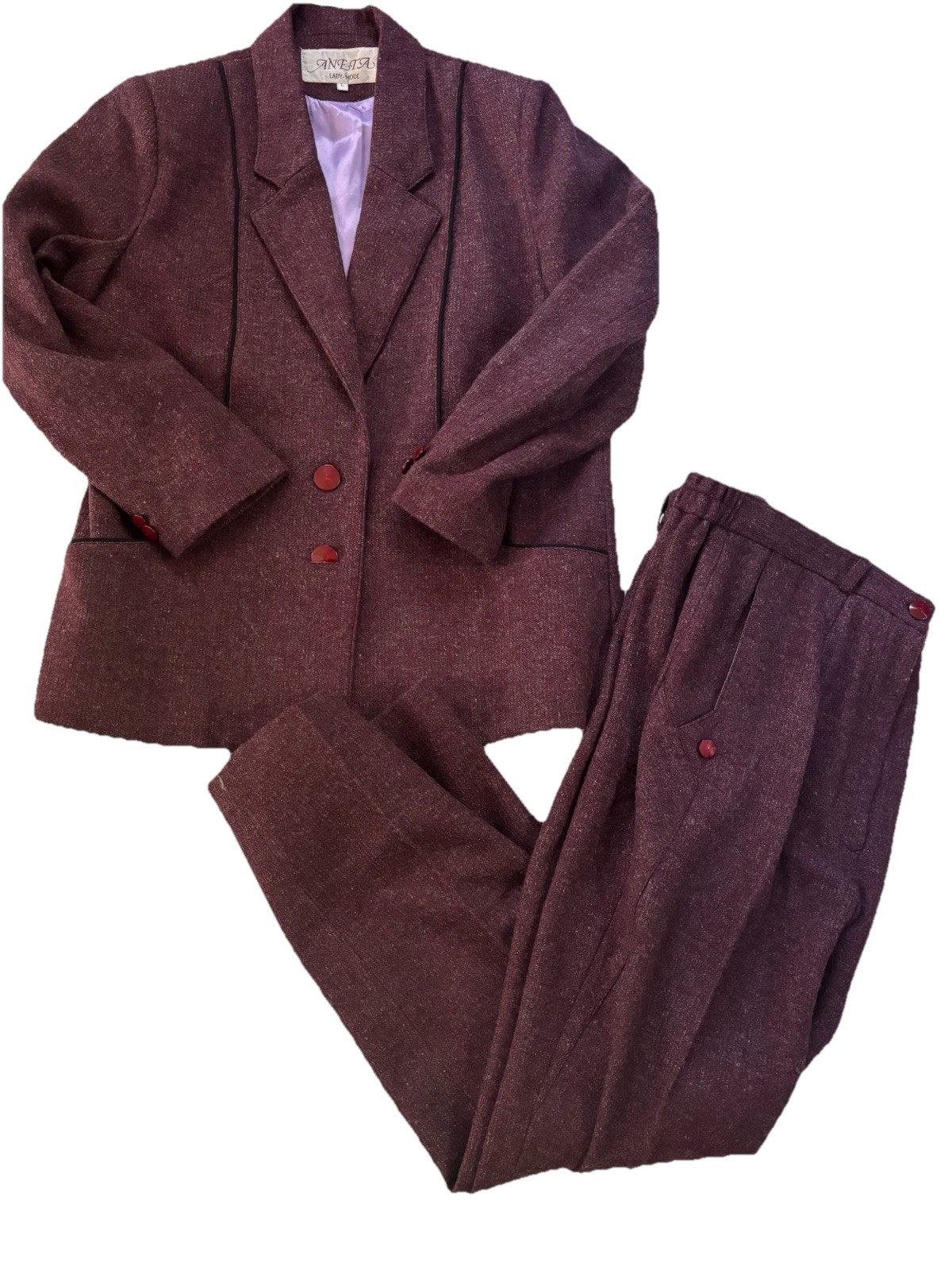 VTG 80s ANETA Lady-Mode Purple Wool Power Suit Blazer Pants L 38 EUC
