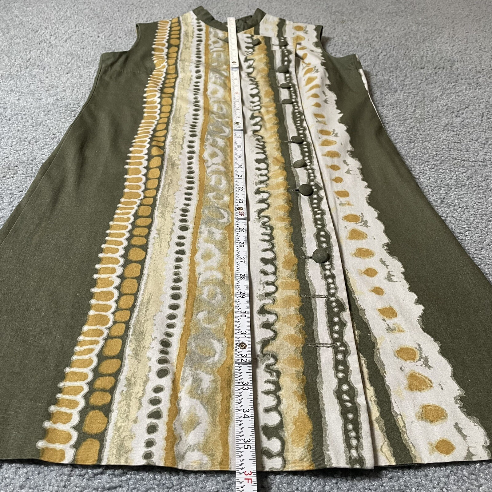 70s Handmade Mini Dress M Side Buttons Olive Sleeveless Party Feminine Classic